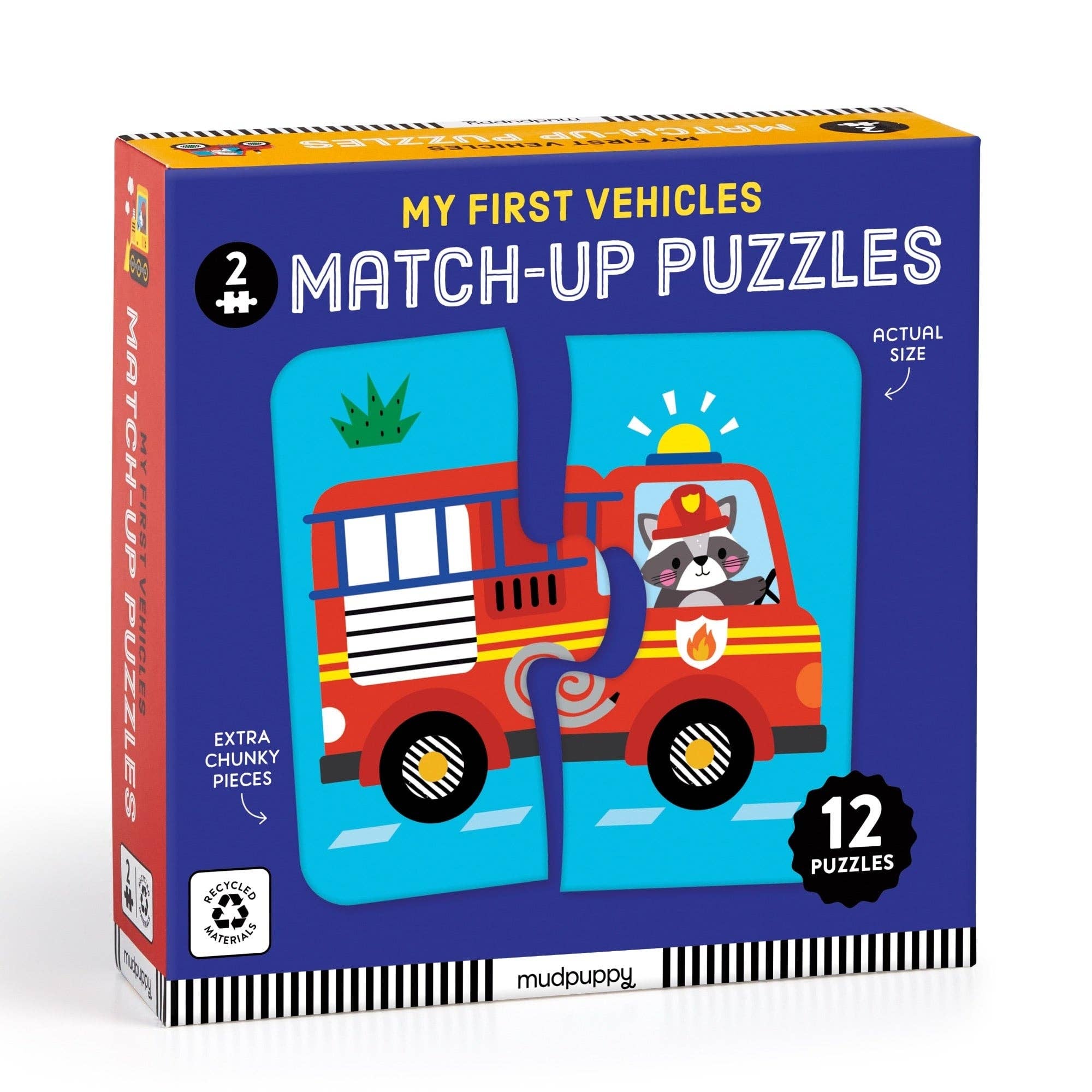 Box of 'My First Vehicles Match-Up Puzzles' with a fire truck illustration on a white background
