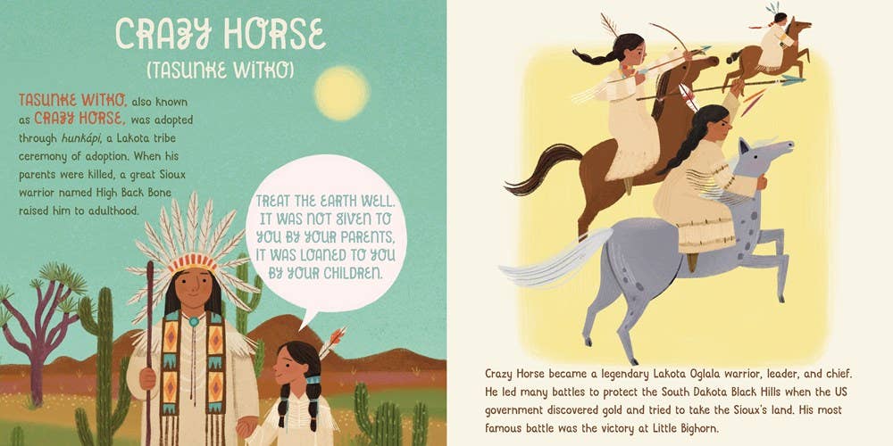 Illustrated book page with Native American characters and text about Crazy Horse.