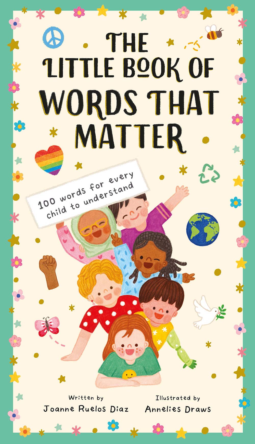 Book cover of 'The Little Book of Words That Matter' with illustrations of children and colorful design elements.