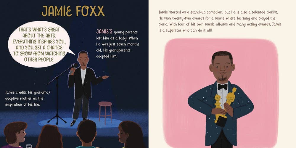 Illustrated book page featuring Jamie Foxx with text and images of him on stage and holding an award.