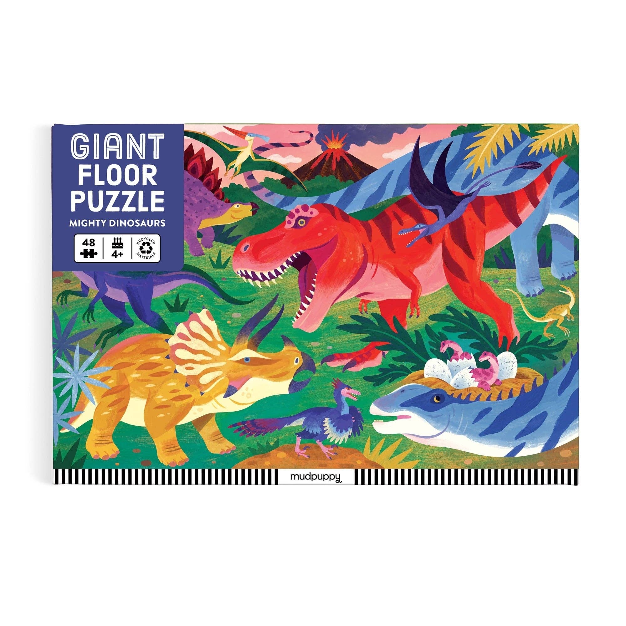 Giant floor puzzle packaging with colorful dinosaurs on a white background