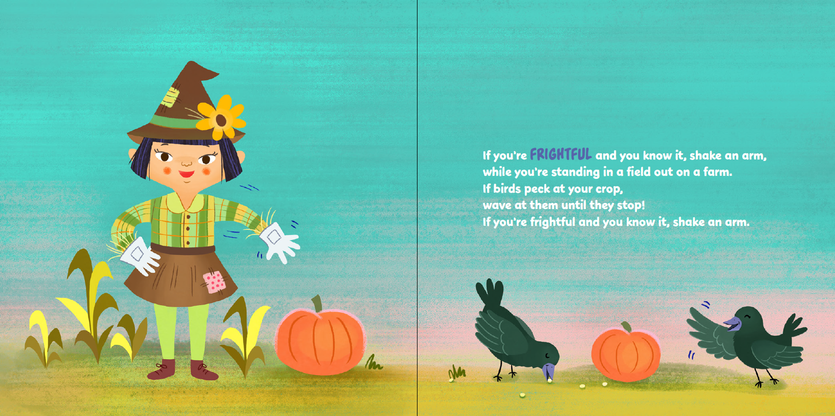 A children's illustrated book spread showing a smiling scarecrow on the left and a poem about a frightful crow on the right, with pumpkins and birds in a stylized outdoor scene.