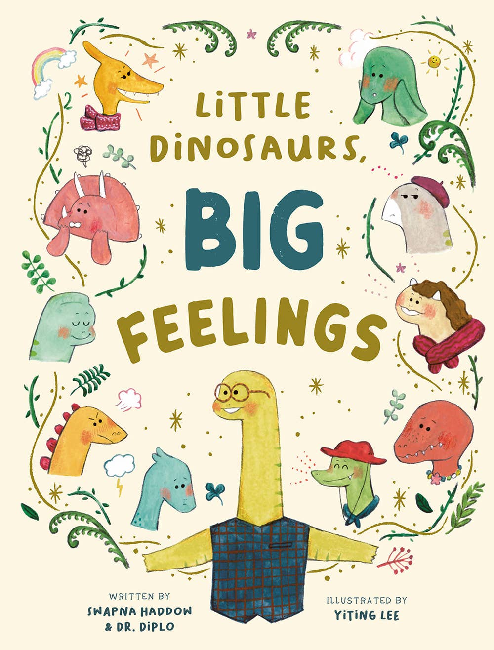 Book cover of 'Little Dinosaurs, Big Feelings' with colorful dinosaur illustrations and text.
