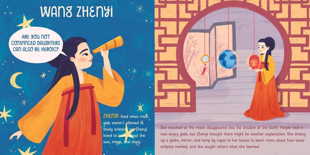 Illustration of a woman with a telescope on one side and two women in traditional clothing on the other, with text and decorative elements.