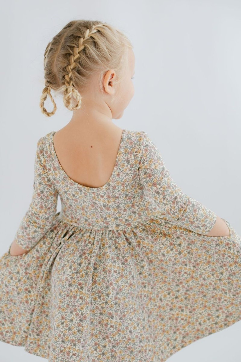 3/4 Sleeve Twirl Dress in Bella Brown - Good Apples Kids Dresses sold by Rosebud & Jo