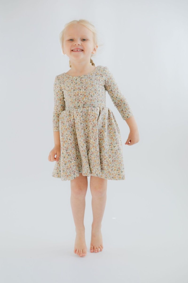 3/4 Sleeve Twirl Dress in Bella Brown - Good Apples Kids Dresses sold by Rosebud & Jo