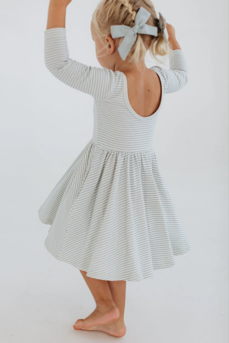 3/4 Sleeve Twirl Dress in Blue French Stripes - Good Apples Kids Baby & Toddler Clothing sold by Rosebud & Jo