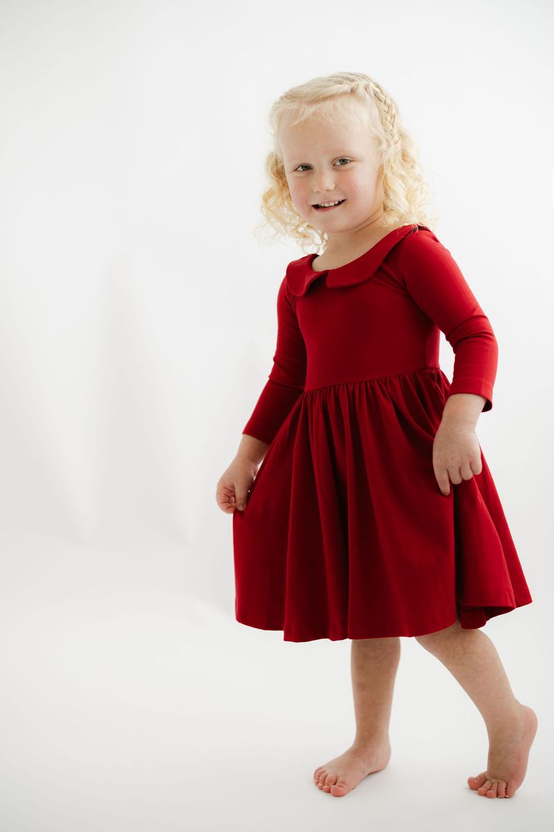 3/4 Sleeve Twirl Dress in Solid Classic Red Collared - Good Apples Kids Dresses sold by Rosebud & Jo