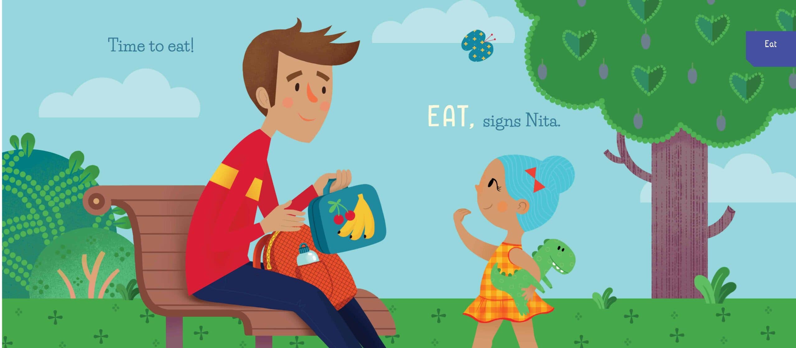 Illustration of a child and a person on a bench with a tree and blue sky in the background.