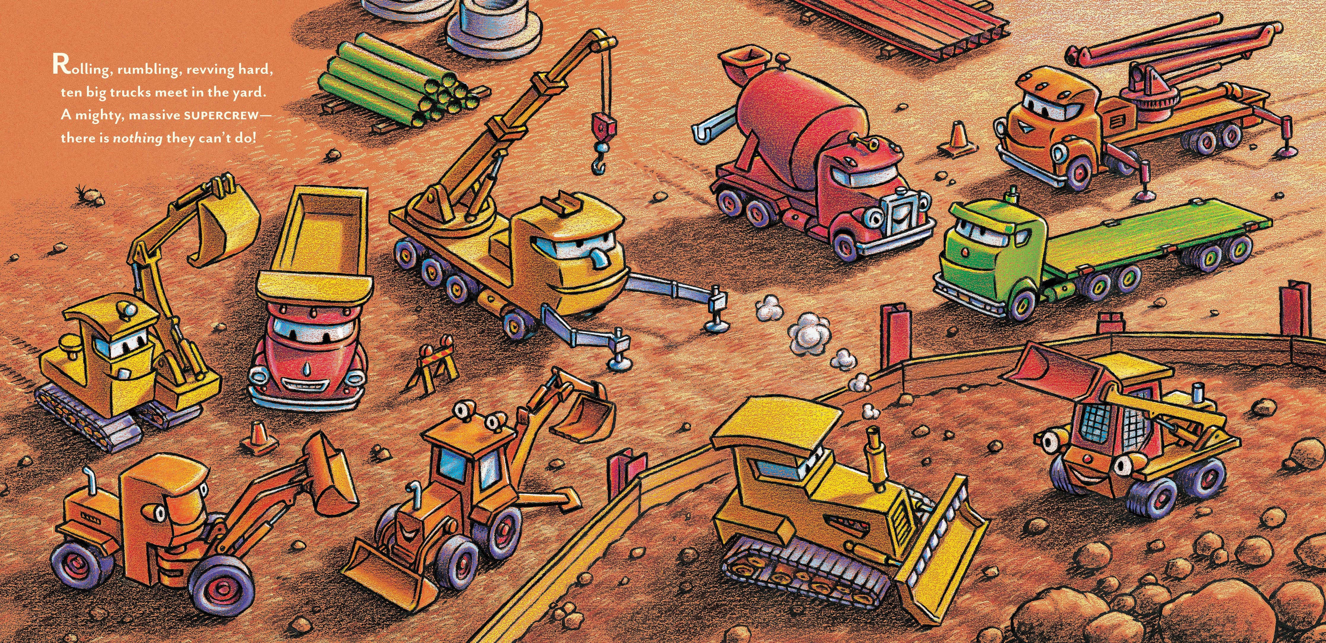 A colorful cartoon illustration of construction vehicles on a dirt job site, including a cement mixer truck, flatbed truck, excavator, bulldozer, and other machinery, with a small text block in the upper left.