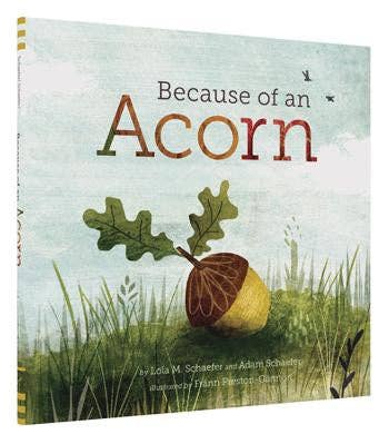 Book cover of 'Because of an Acorn' with an acorn illustration on a grassy background