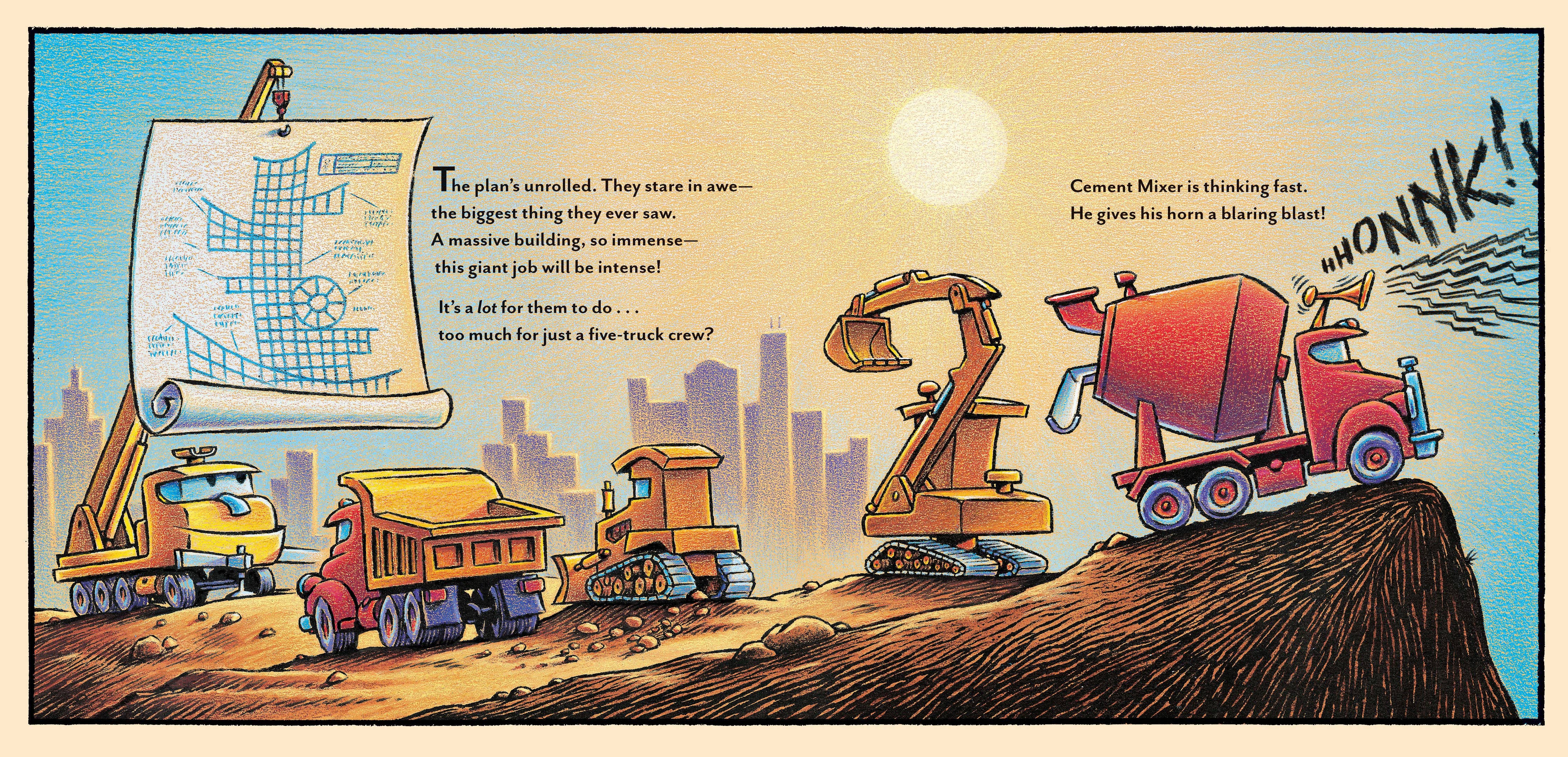 A colorful cartoon illustration showing construction vehicles around a large letter Z, with a blueprint hanging on the wall and text describing a building project. The scene includes a yellow truck, a red dump truck, a yellow excavator, and a red cement mixer truck on a dirt mound.