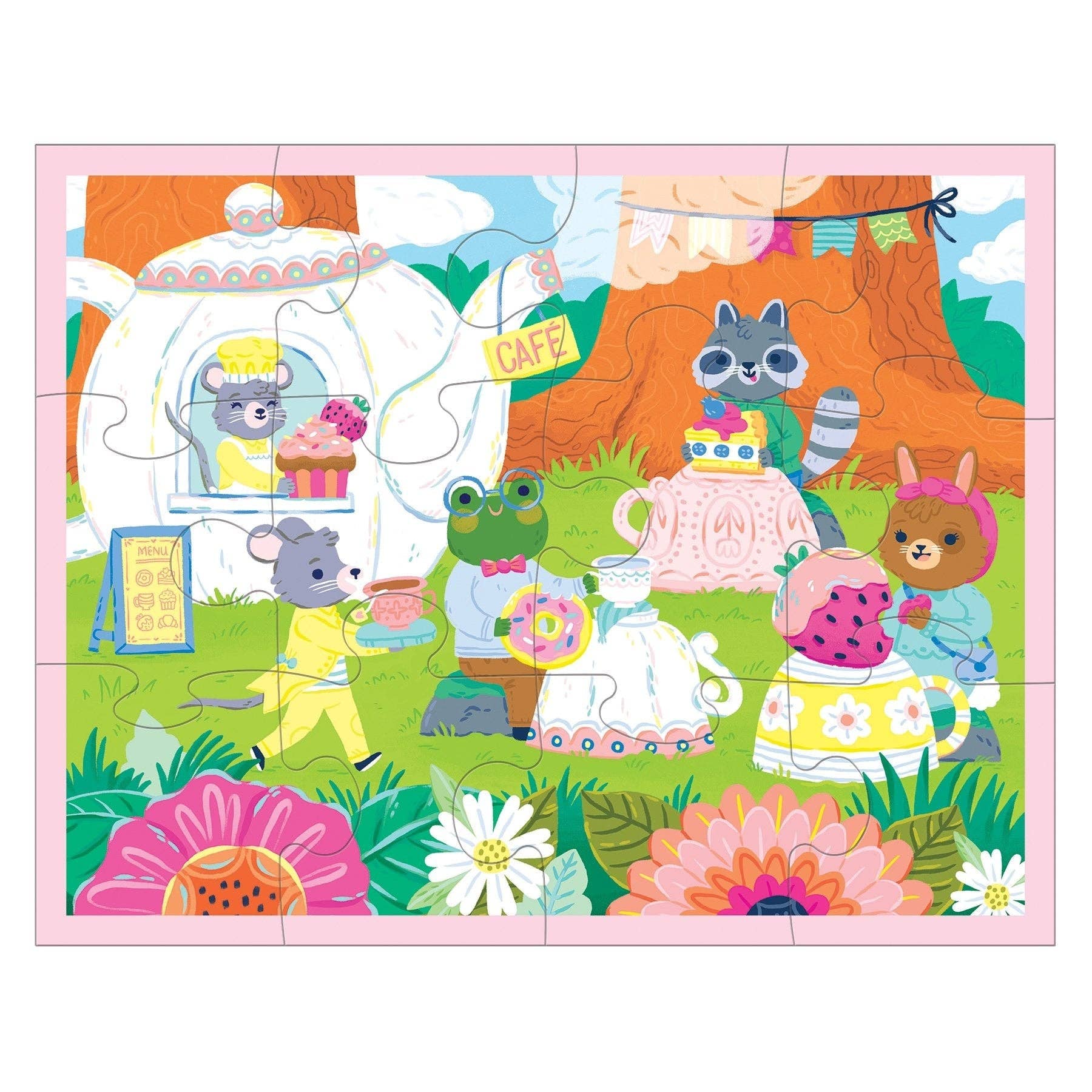 Children's puzzle with cartoon animals at a tea party in a garden setting.