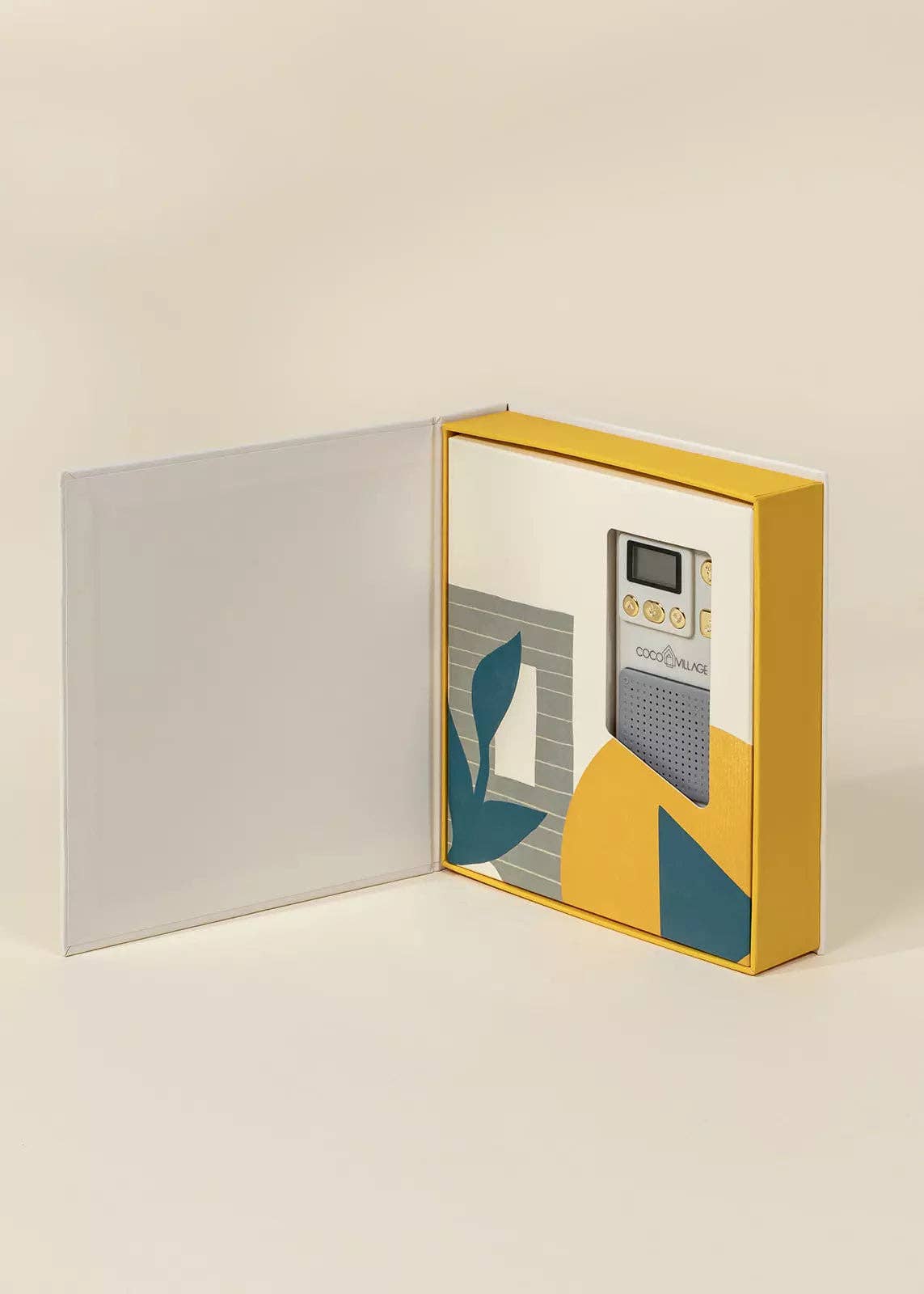 Yellow box with a digital clock on a beige background