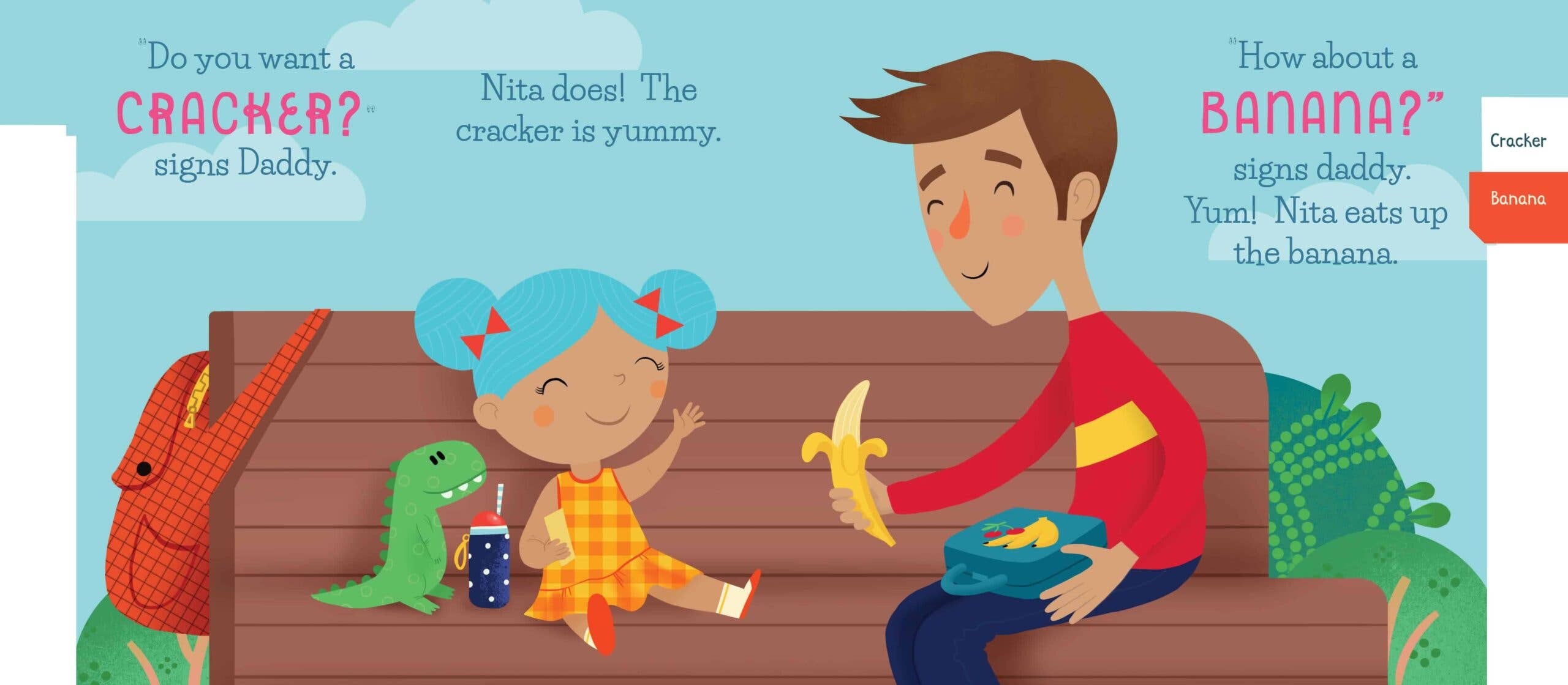 Illustration of a father and daughter on a couch with a banana, cracker, and dinosaur toy.