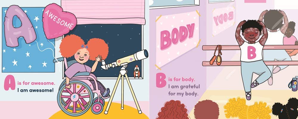 A children's book or poster spread with colorful cartoon illustrations. The left panel shows a child with orange hair in a wheelchair using a telescope under a pink awesome sign.