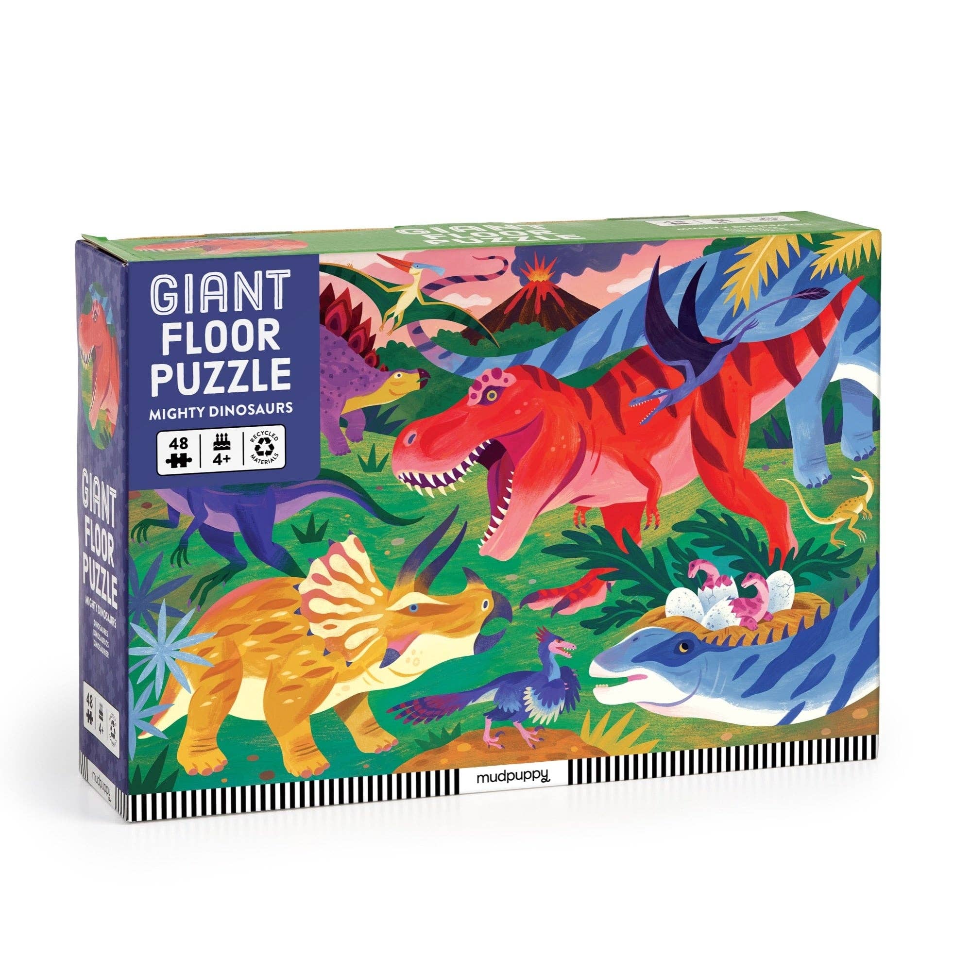 Giant floor puzzle box with colorful dinosaur illustrations on a white background