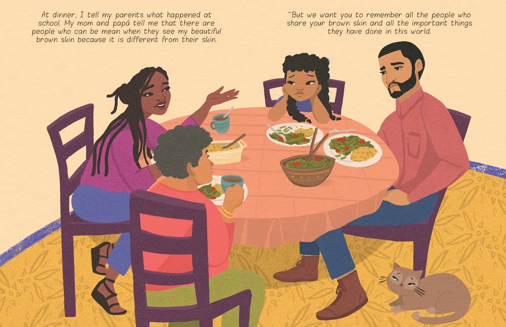 An illustrated family dinner scene with four people seated around a table, plates of food, chairs, and a cat on the floor. There is text at the top of the illustration, but the main content is the artwork itself rather than a product photo.