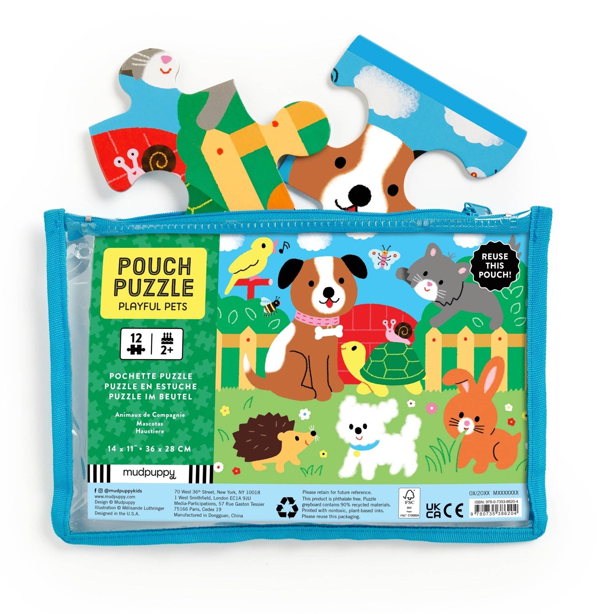 Pouch puzzle with animal illustrations on a white background