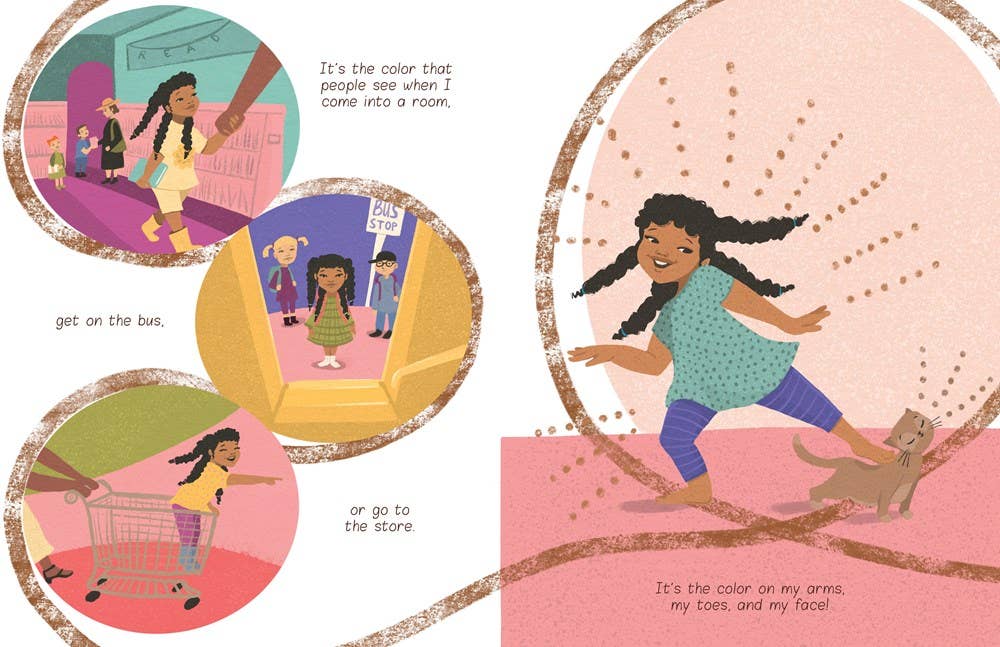 A children's book or art print page with illustrated scenes and text. The page shows a young girl in several circular panels, including scenes at a store, on a bus, and running barefoot on a pink surface.