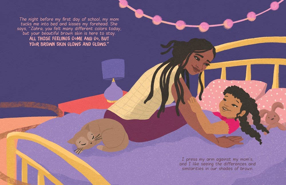 An illustrated bedtime scene showing a woman and a young girl lying in bed together, with a cat on the floor and text blocks around the illustration. The artwork uses purple, pink, yellow, brown, and cream tones, and the scene appears to be a book or print cover rather than a real photographed environment.