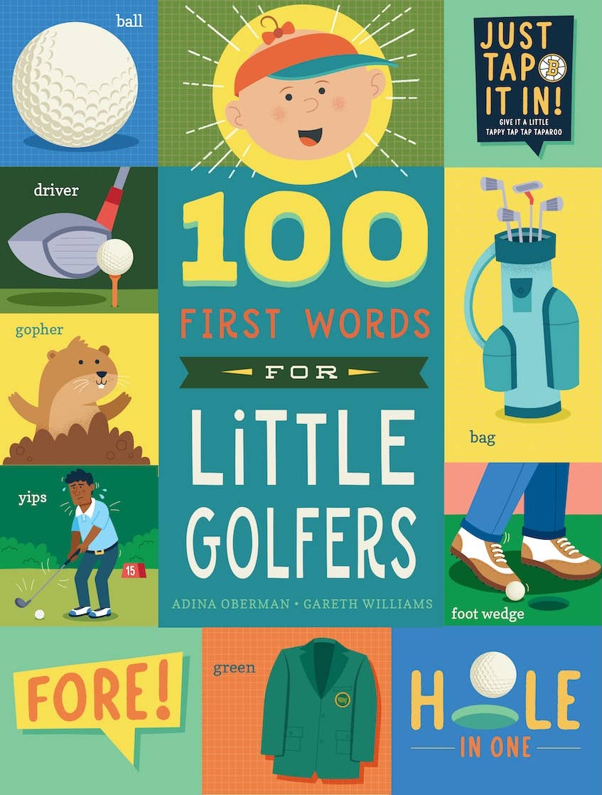Book cover of '100 First Words for Little Golfers' with colorful illustrations and text.