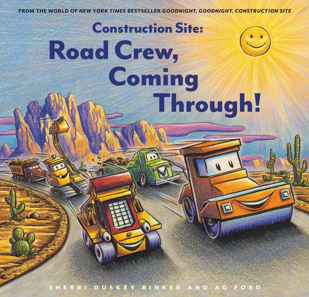 Book cover of 'Construction Site: Road Crew, Coming Through!' with cartoon vehicles on a road.