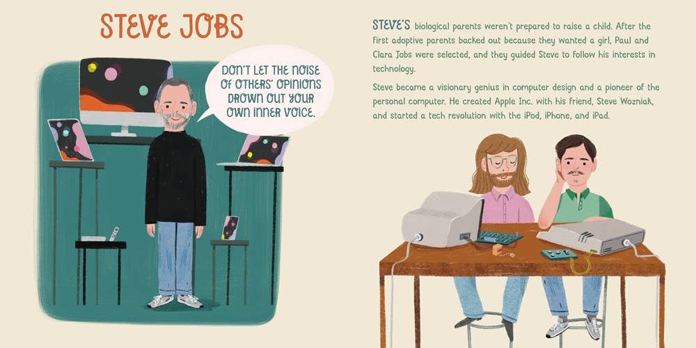 Illustrated biography of Steve Jobs with text and images of him and a team working.