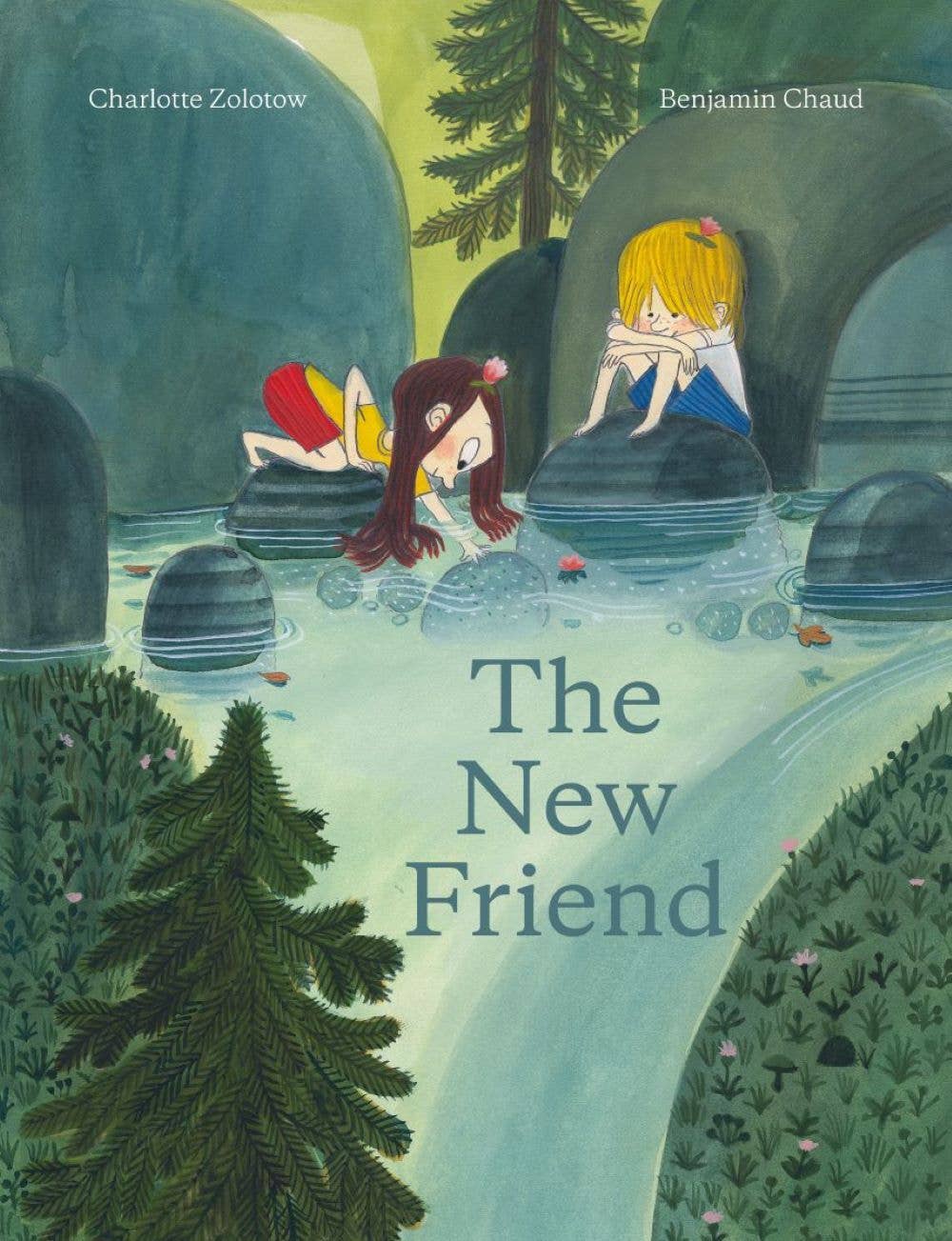 Book cover of 'The New Friend' with two girls by a stream in a forest setting.