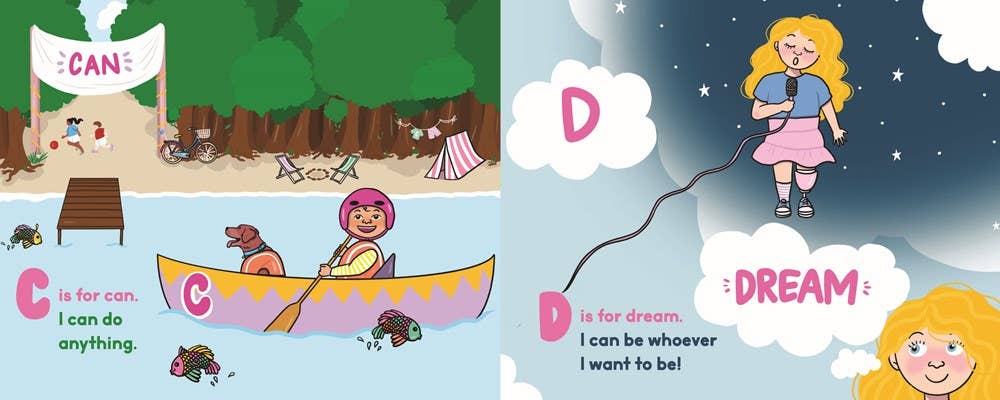 A children's educational book or poster spread featuring the 'Can Dream' theme. The left panel shows a girl in a canoe in a forest with the text 'C is for can.