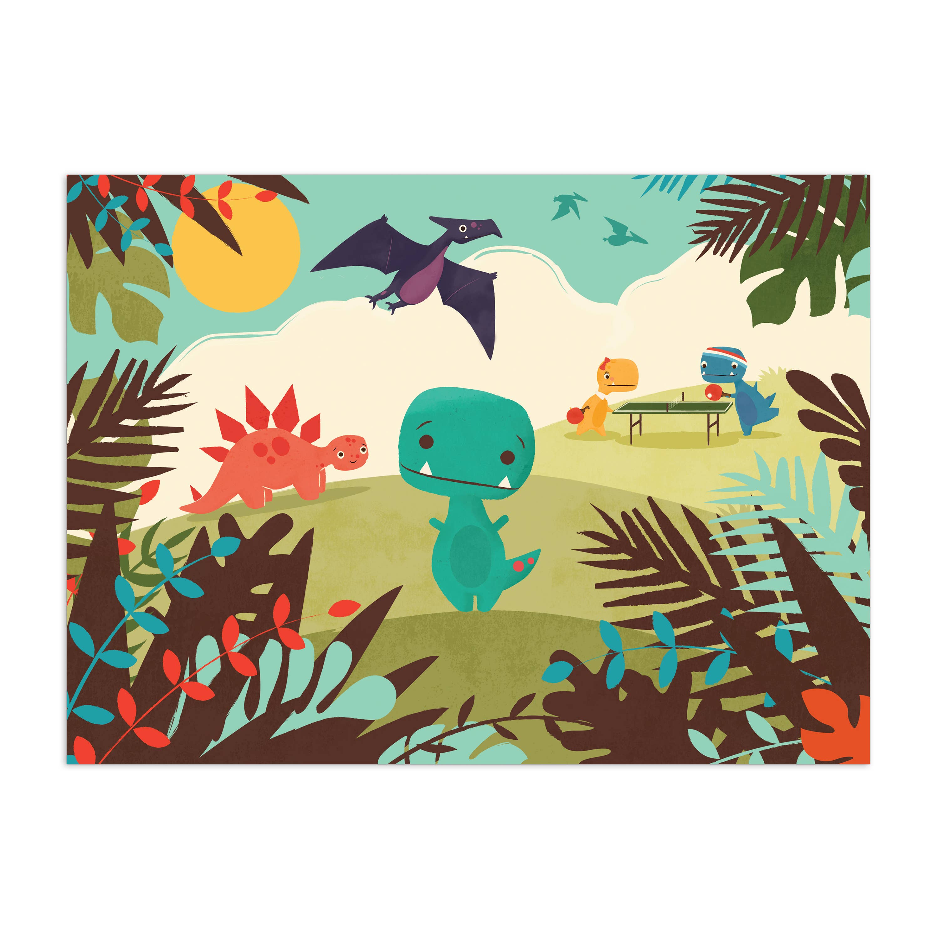 A colorful children's illustration print featuring cartoon dinosaurs in a prehistoric jungle scene with palm leaves, a sun, and a small table with toy animals.