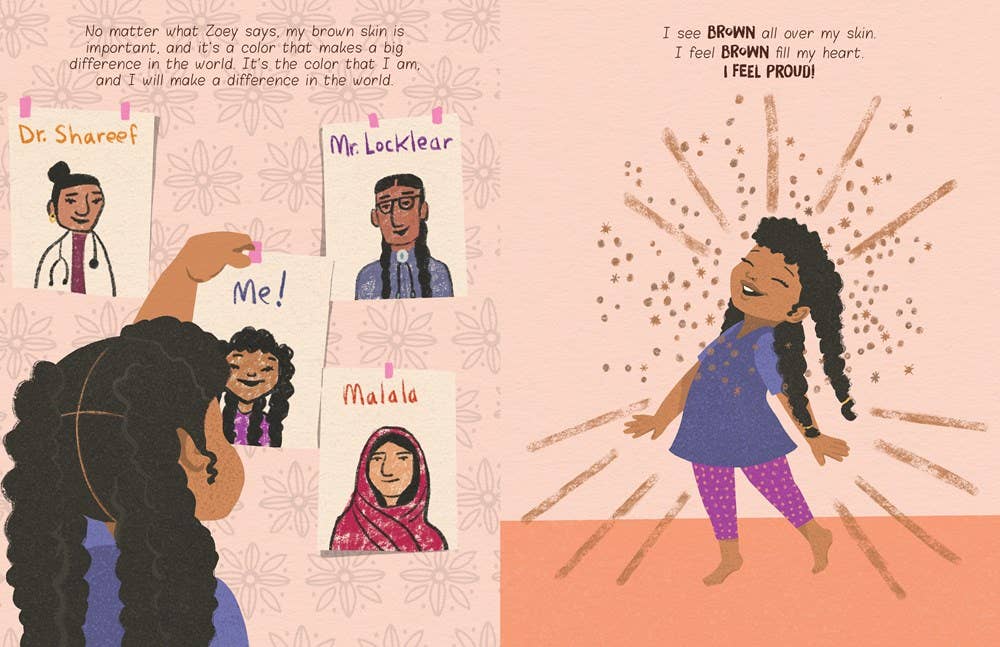 An illustrated book or poster-style page with a warm peach background, showing a girl with dark curly hair looking at name tags pinned on a wall, alongside a larger figure of the same girl dancing joyfully. Text appears at the top, and the artwork uses soft pastel colors with a textured, hand-drawn aesthetic.