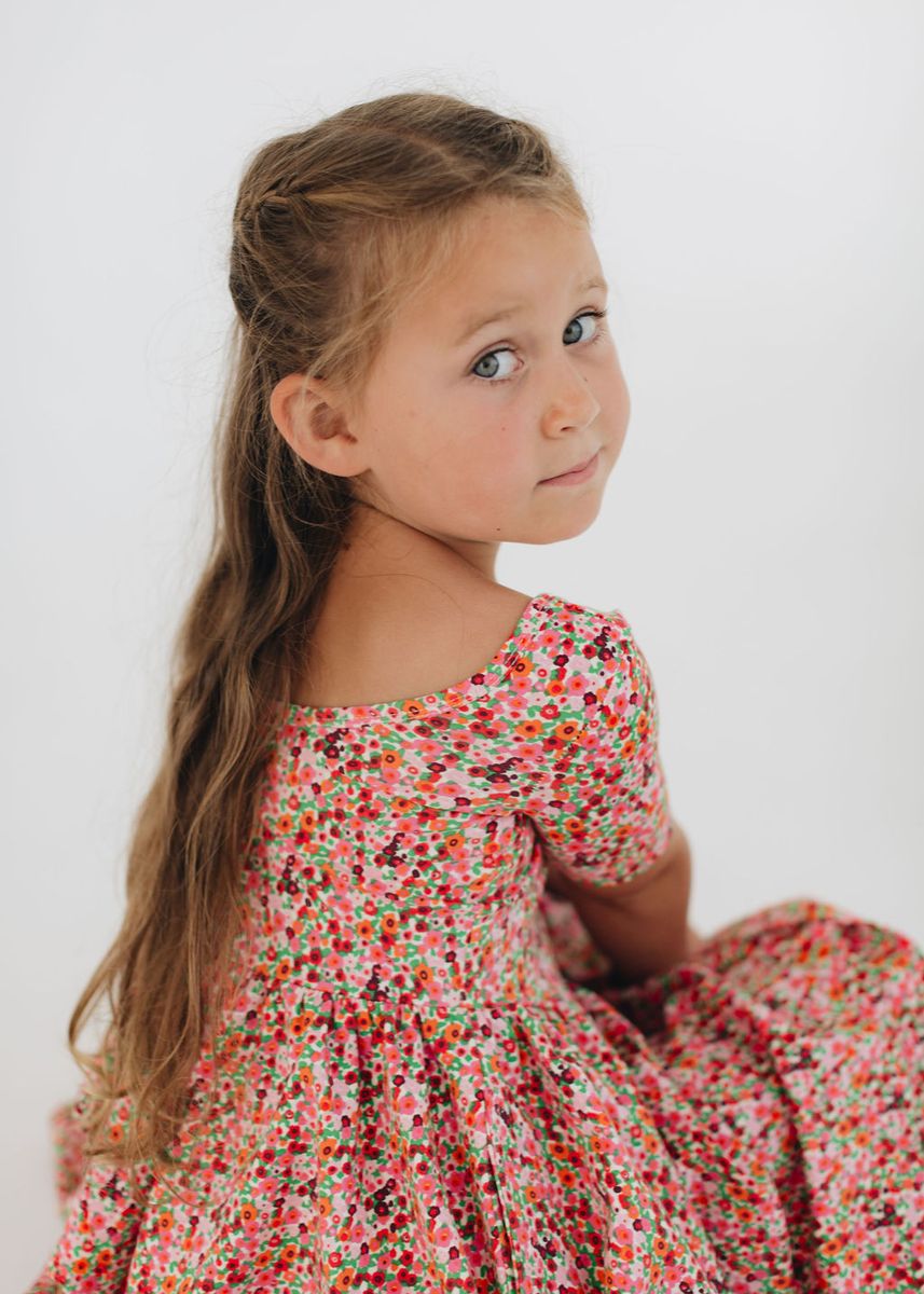 Short Sleeve Twirl Dress in Posy Pop