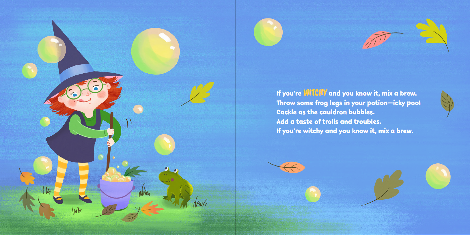 A children's book or card illustration with a Halloween theme. On the left, a witch in a pointed hat stands by a cauldron with bubbles and a frog.