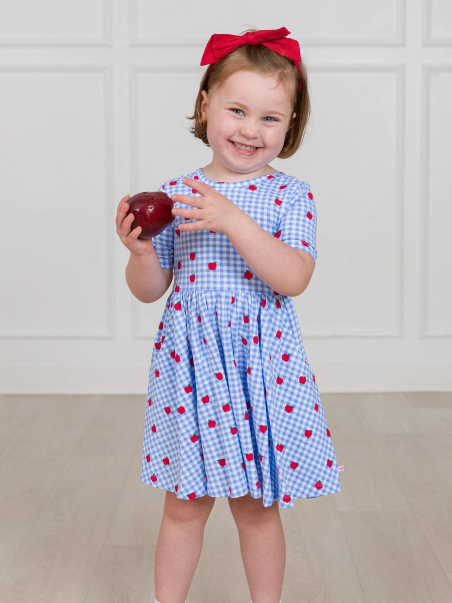 Apple Orchard Gingham Twirl Dress with Bow Back - RuffleButts + RuggedButts Baby & Toddler Clothing sold by Rosebud & Jo