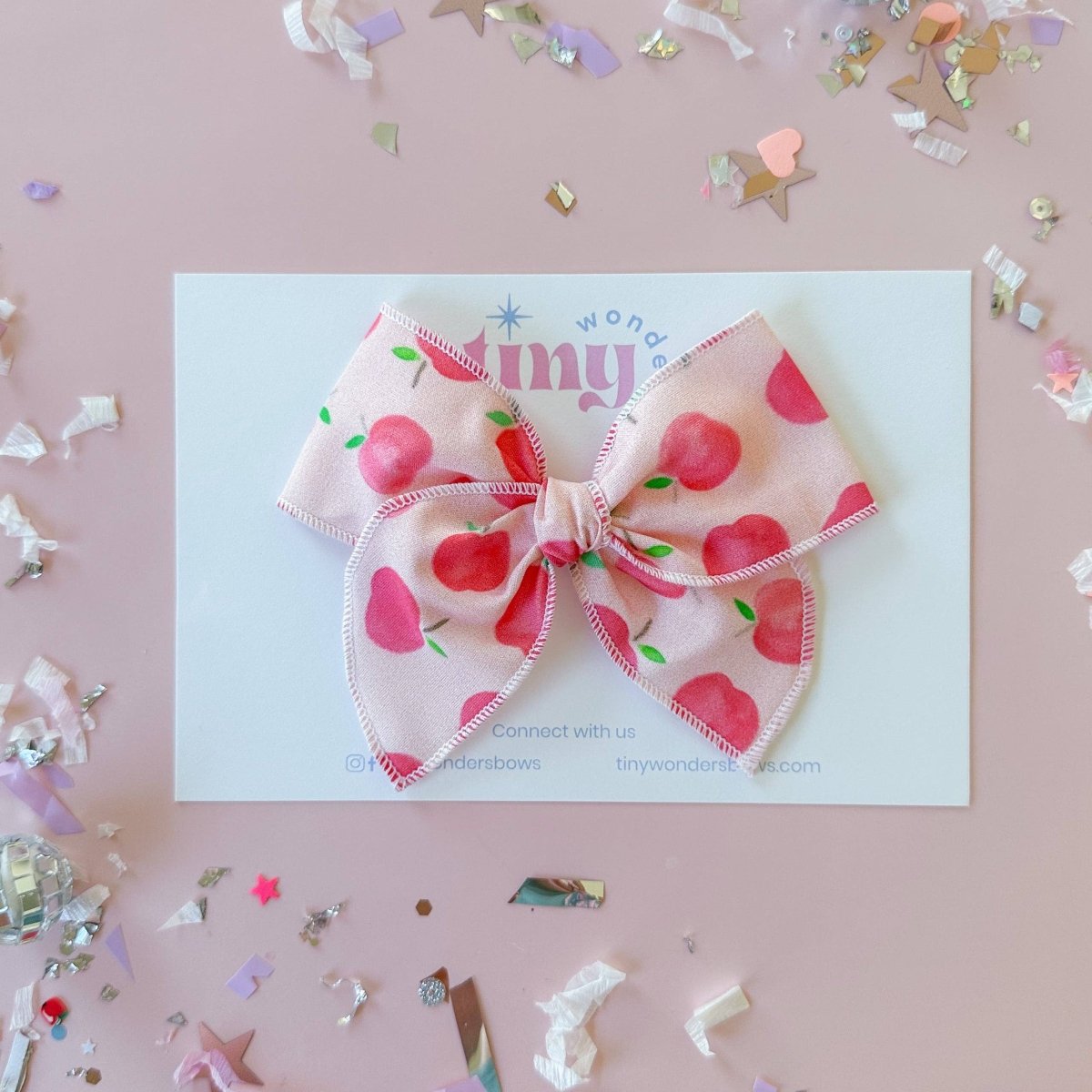 Apples on PinkFabric Bow – Handmade Small Reversible Alligator Clip - Tiny Wonders Bows Hair Accessory sold by Rosebud & Jo