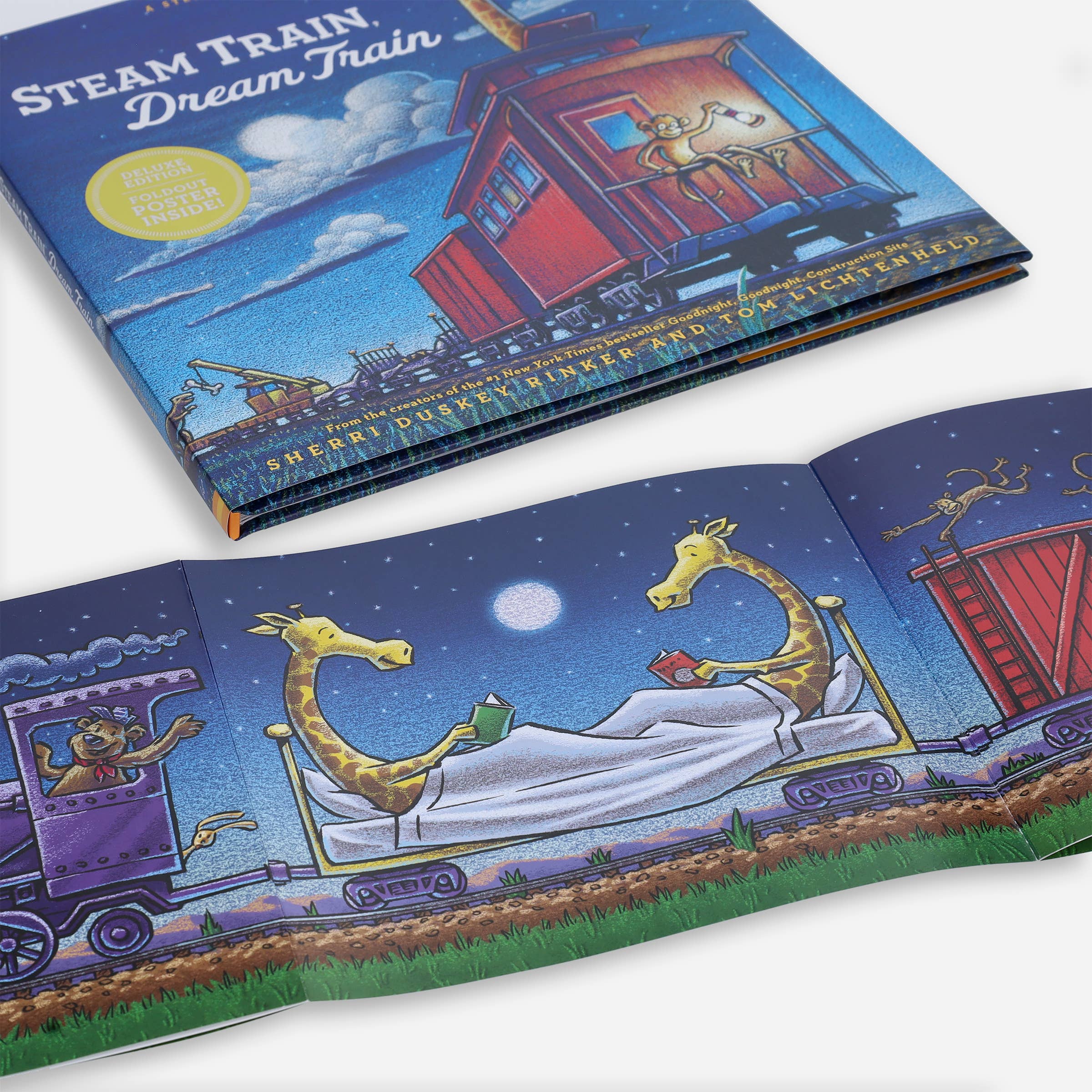 Children's book titled 'Steam Train Dream Train' with colorful illustrations of a train and animals.