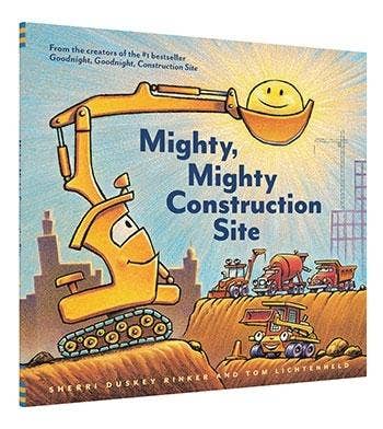 Children's board book titled "Mighty, Mighty Construction Site" showing a smiling yellow excavator on a construction site with other construction vehicles. The book cover is illustrated in bright blue, yellow, orange, and brown tones.