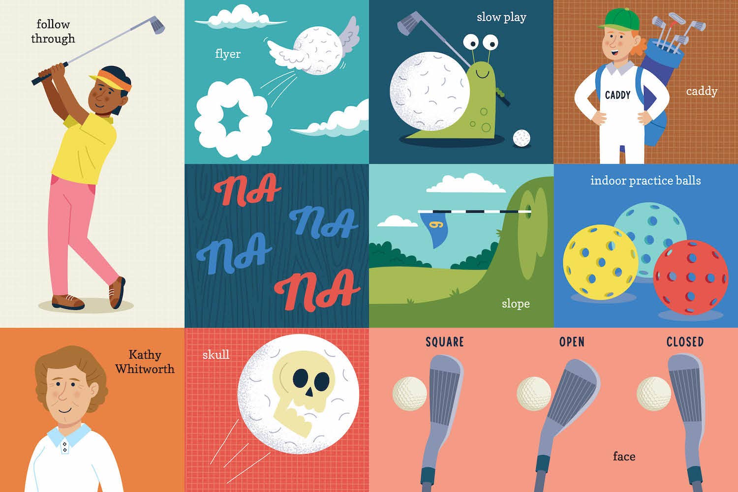 Illustrated golf-themed children's book with colorful graphics and text.