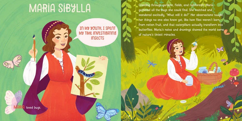 Illustrated book cover with a woman in a red dress holding a plant and a butterfly, surrounded by nature.