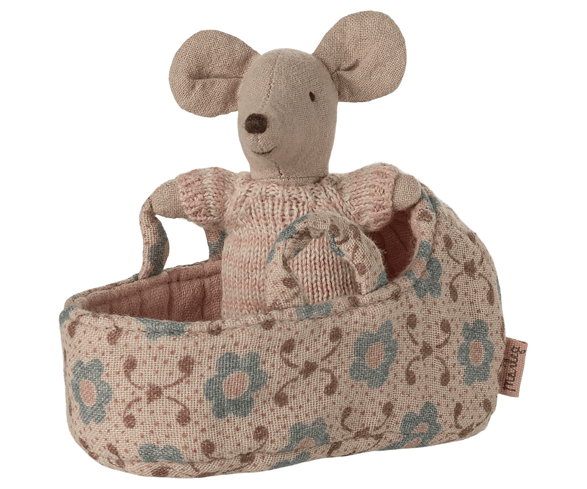 Baby mouse in carry cot - Rose - Maileg Toys sold by Rosebud & Jo