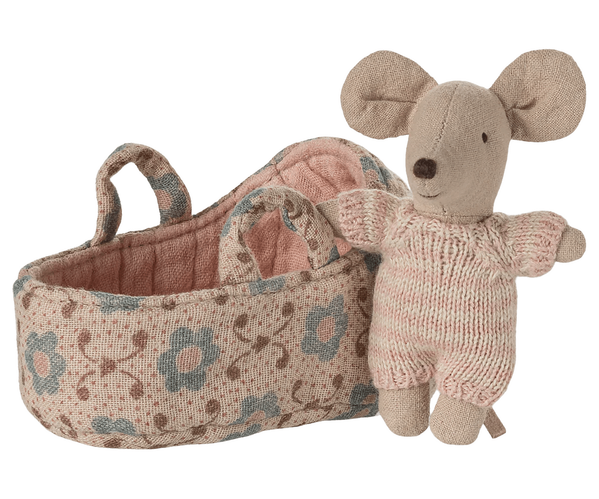 Baby mouse in carry cot - Rose - Maileg Toys sold by Rosebud & Jo