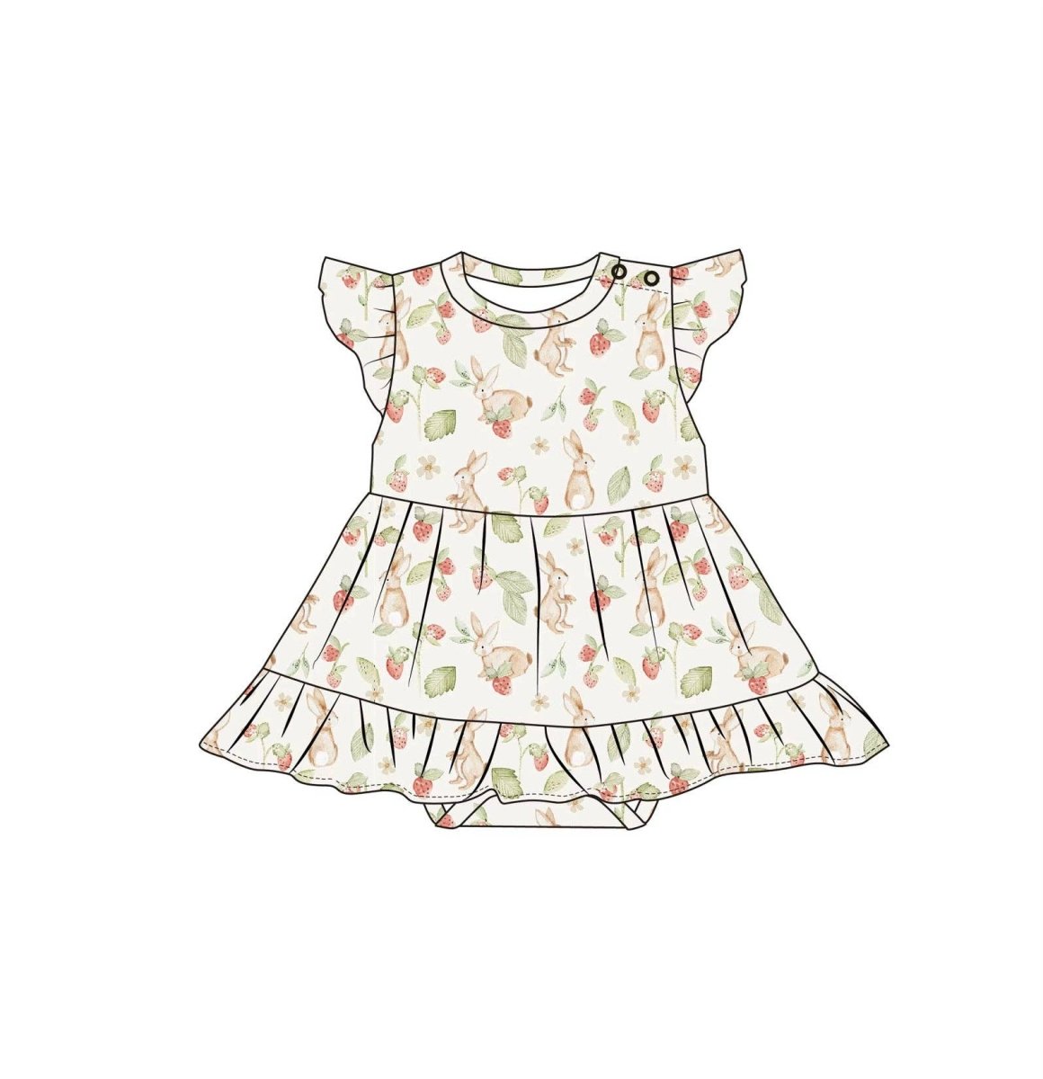 Bamboo Flutter Sleeve Skirted Twirl Romper | Strawberry Bunnies - Emi Lei Rompers & Jumpers sold by Rosebud & Jo