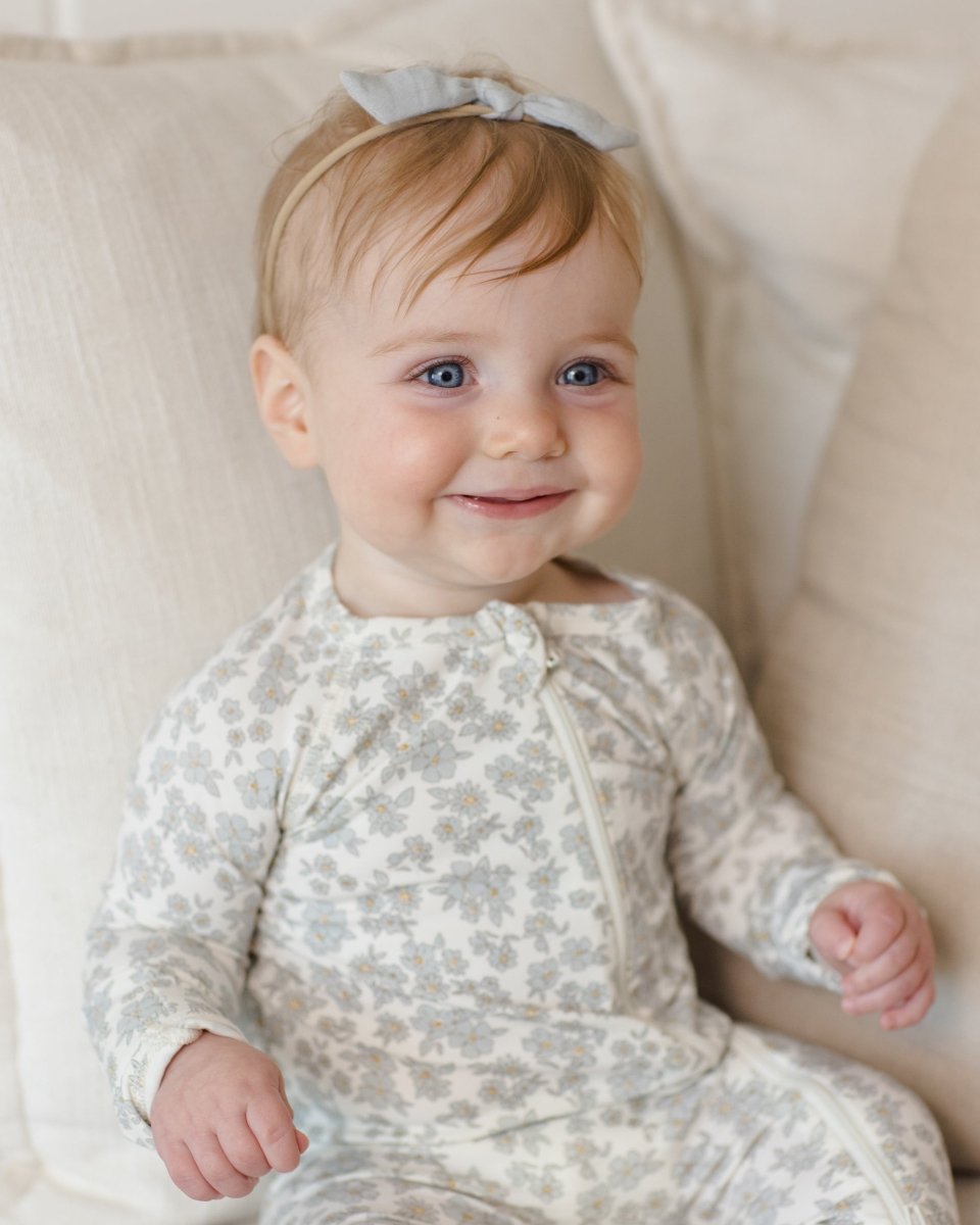 Bamboo Zip Footie || Blue Floral - Quincy Mae Footies sold by Rosebud & Jo
