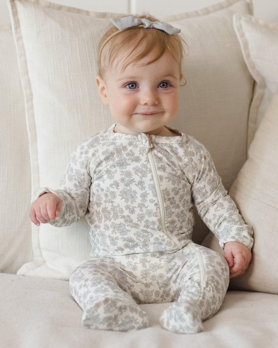 Bamboo Zip Footie || Blue Floral - Quincy Mae Footies sold by Rosebud & Jo