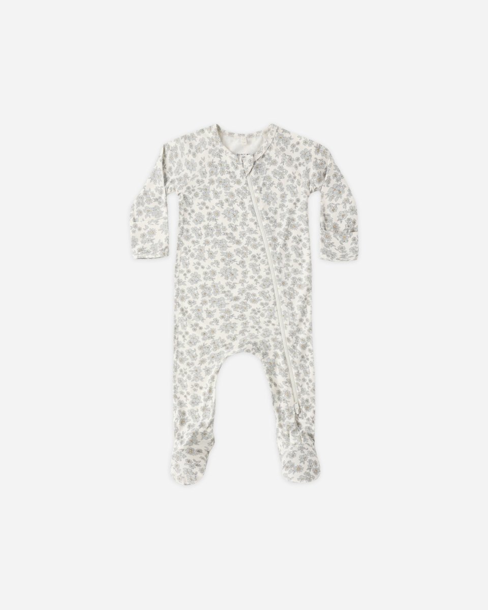 Bamboo Zip Footie || Blue Floral - Quincy Mae Footies sold by Rosebud & Jo