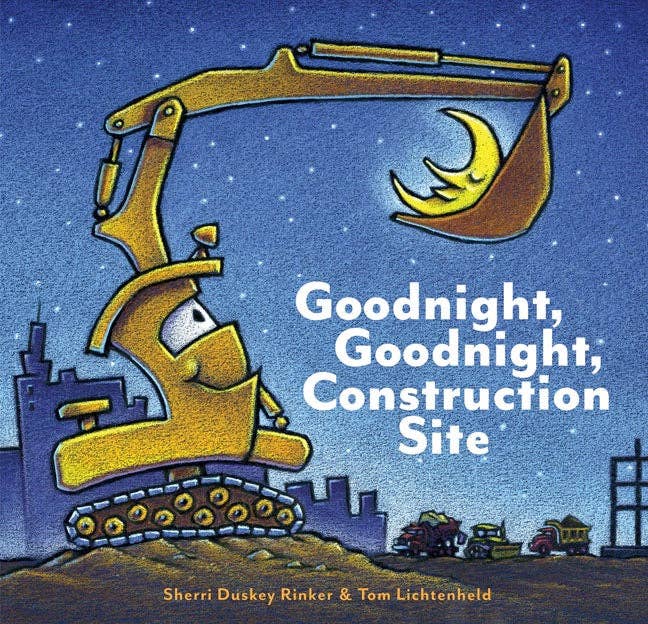 Book cover of 'Goodnight, Goodnight, Construction Site' with a construction vehicle and moon illustration.