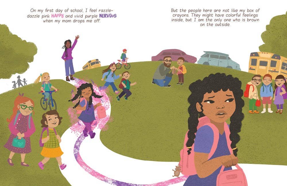 A colorful children's book-style illustration showing a schoolyard scene with children, adults, a bus, trees, and a winding pink path. Text appears at the top, and a girl in the foreground carries a pink backpack while looking downcast.