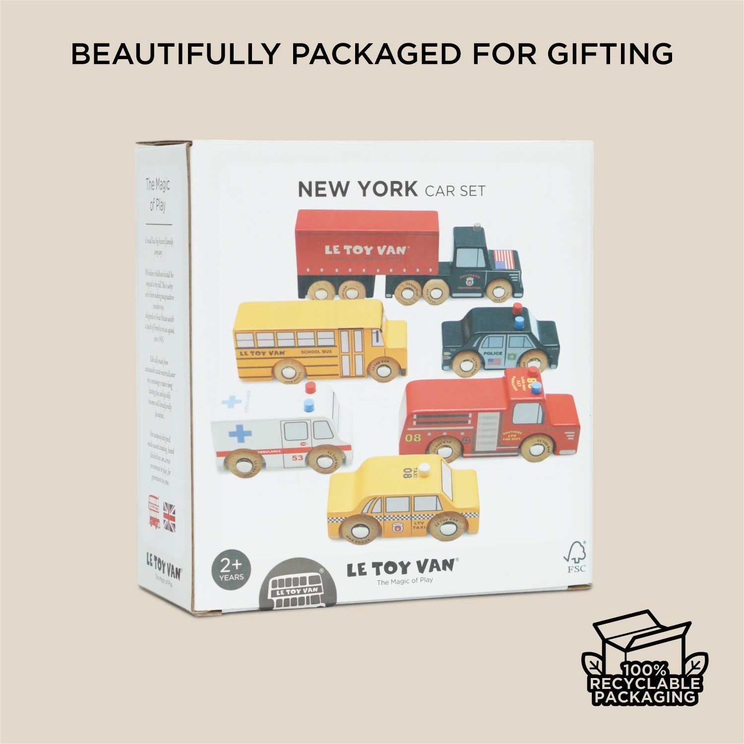 Box of Le Toy Van New York car set on a beige background with text 'Beautifully packaged for gifting'.