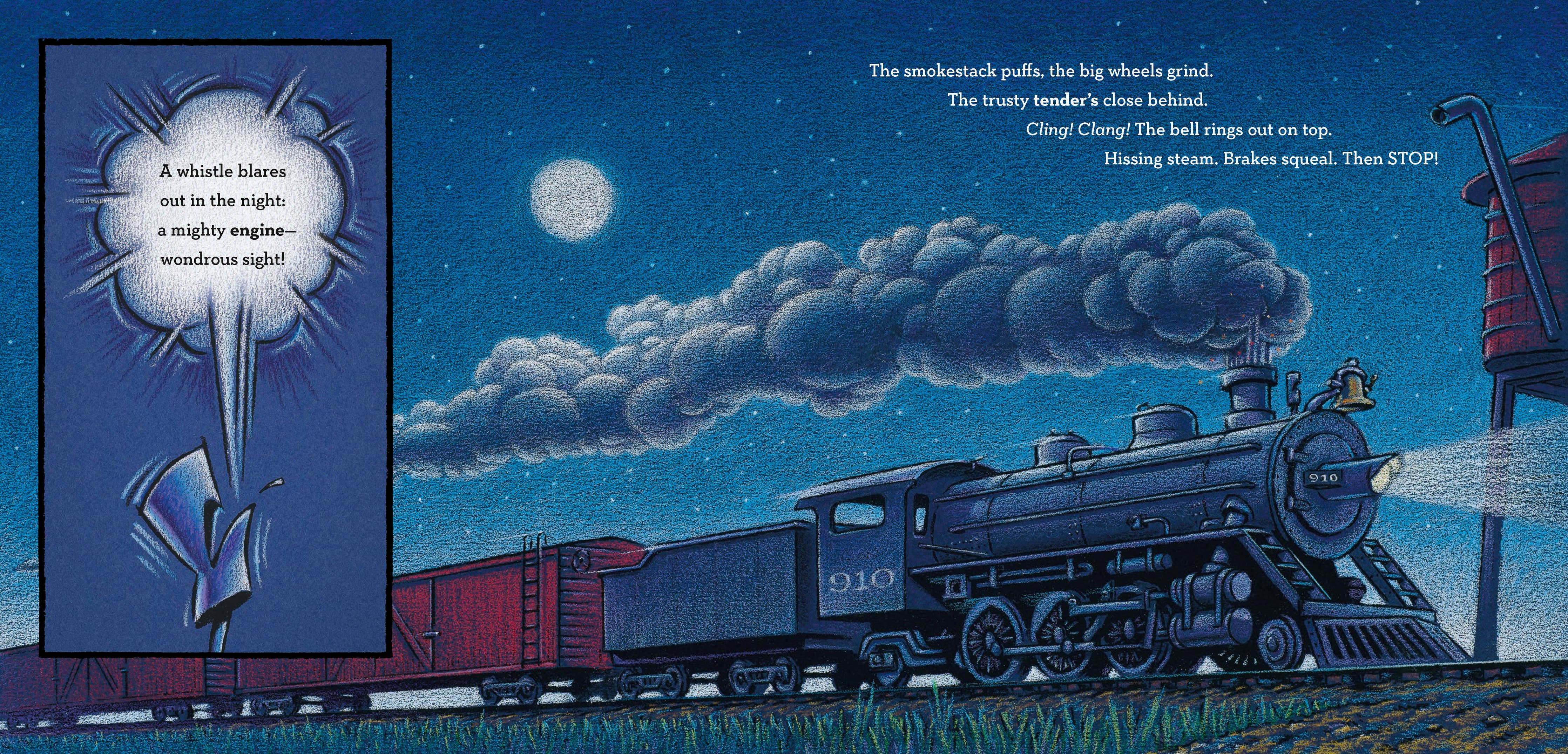Illustration of a steam train at night with a cloud of smoke and a starry sky.